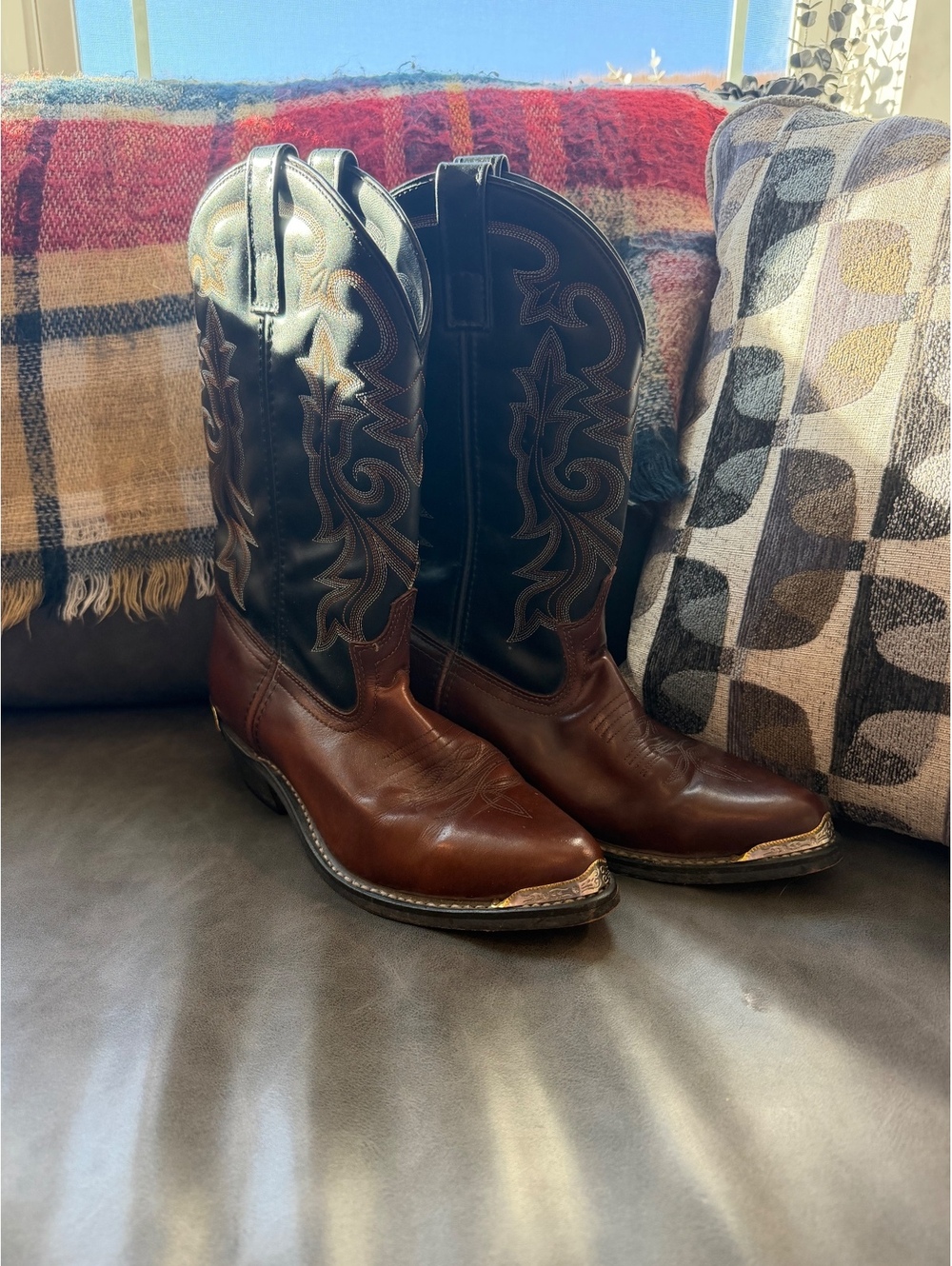 Masterson RB913 Men’s Cowboy Boots 9.5 D Brown Black Leather Metal Toe Tips